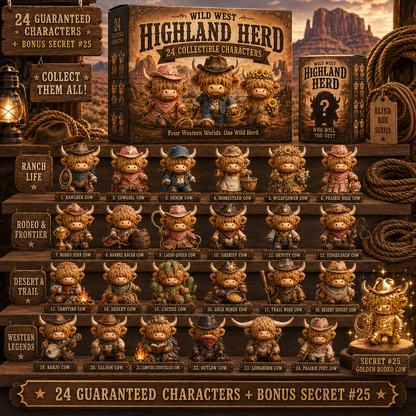 🤠 24-Piece Western Highland Cow Collector Set – 4 Western Worlds + Secret #25 🐮✨
