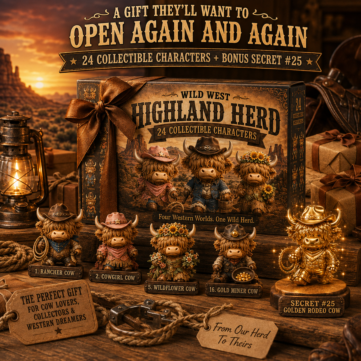 🤠 24-Piece Western Highland Cow Collector Set – 4 Western Worlds + Secret #25 🐮✨
