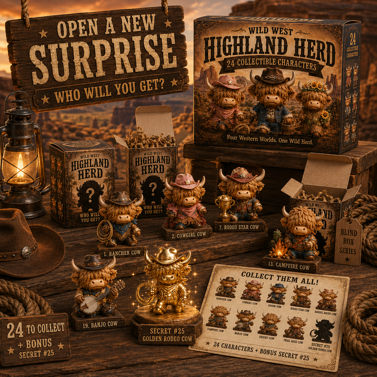 🤠 24-Piece Western Highland Cow Collector Set – 4 Western Worlds + Secret #25 🐮✨