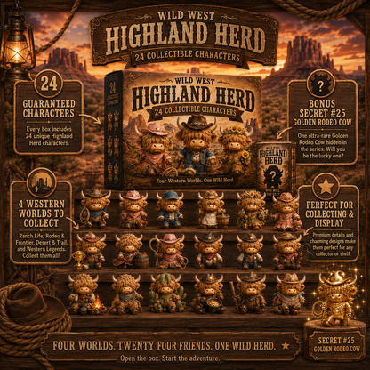 🤠 24-Piece Western Highland Cow Collector Set – 4 Western Worlds + Secret #25 🐮✨