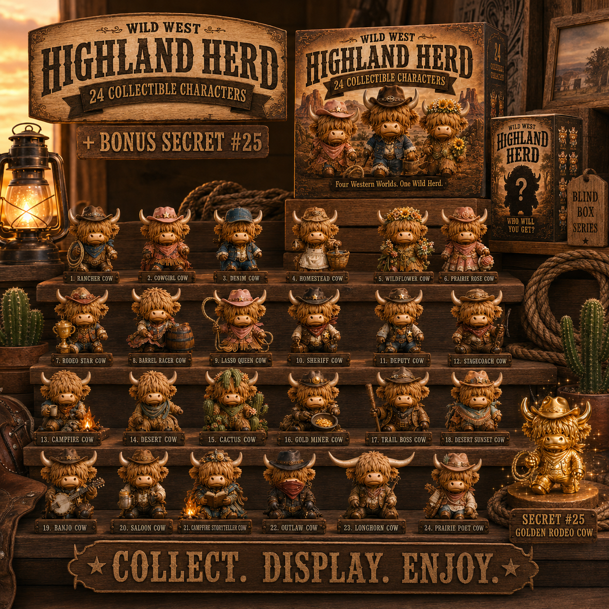 🤠 24-Piece Western Highland Cow Collector Set – 4 Western Worlds + Secret #25 🐮✨