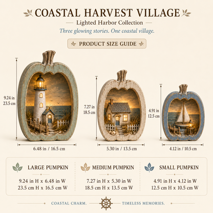 🌊🎃 Lighted Coastal Harvest Village – 3-Piece Seaside Pumpkin Décor Set