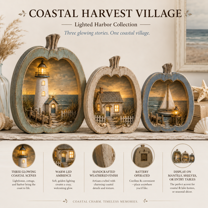 🌊🎃 Lighted Coastal Harvest Village – 3-Piece Seaside Pumpkin Décor Set