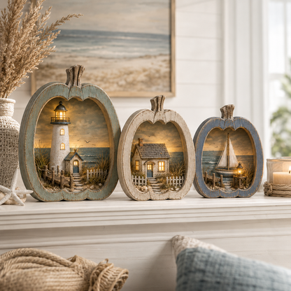 🌊🎃 Lighted Coastal Harvest Village – 3-Piece Seaside Pumpkin Décor Set