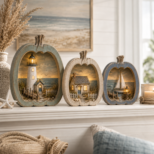🌊🎃 Lighted Coastal Harvest Village – 3-Piece Seaside Pumpkin Décor Set