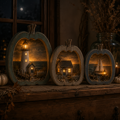 🌊🎃 Lighted Coastal Harvest Village – 3-Piece Seaside Pumpkin Décor Set