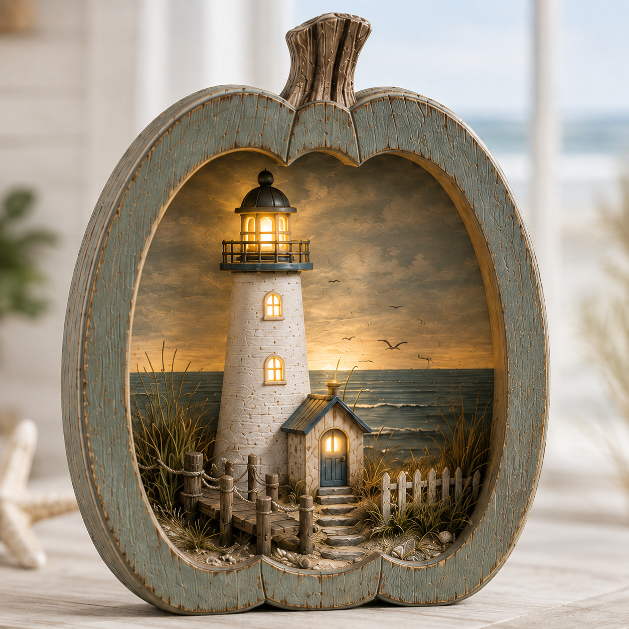 🌊🎃 Lighted Coastal Harvest Village – 3-Piece Seaside Pumpkin Décor Set