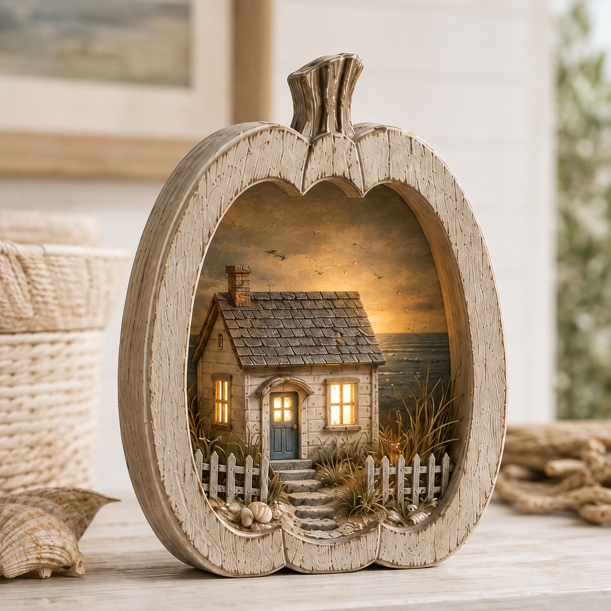 🌊🎃 Lighted Coastal Harvest Village – 3-Piece Seaside Pumpkin Décor Set