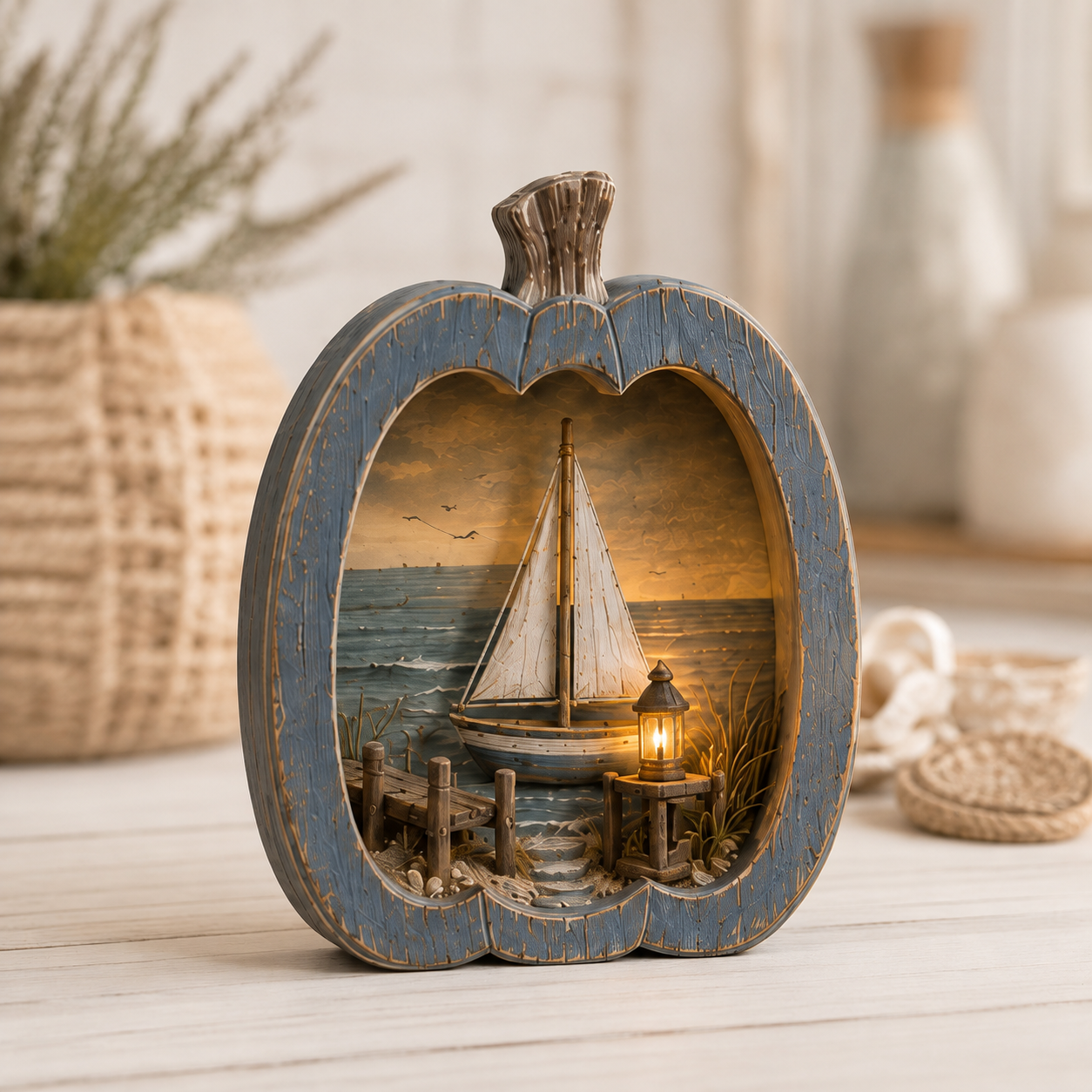 🌊🎃 Lighted Coastal Harvest Village – 3-Piece Seaside Pumpkin Décor Set