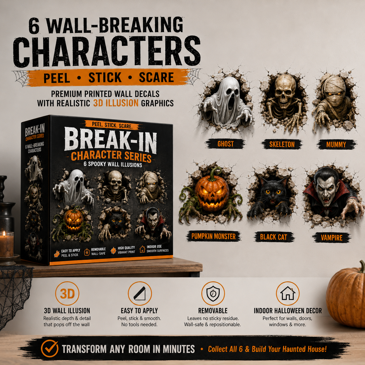👻 6PCS Halloween Break-In 3D Wall Decal Set – Peel, Stick & Scare 🎃