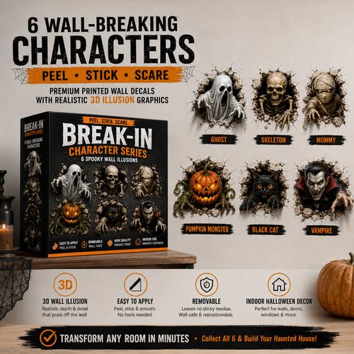👻 6PCS Halloween Break-In 3D Wall Decal Set – Peel, Stick & Scare 🎃