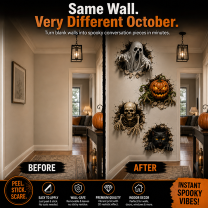 👻 6PCS Halloween Break-In 3D Wall Decal Set – Peel, Stick & Scare 🎃