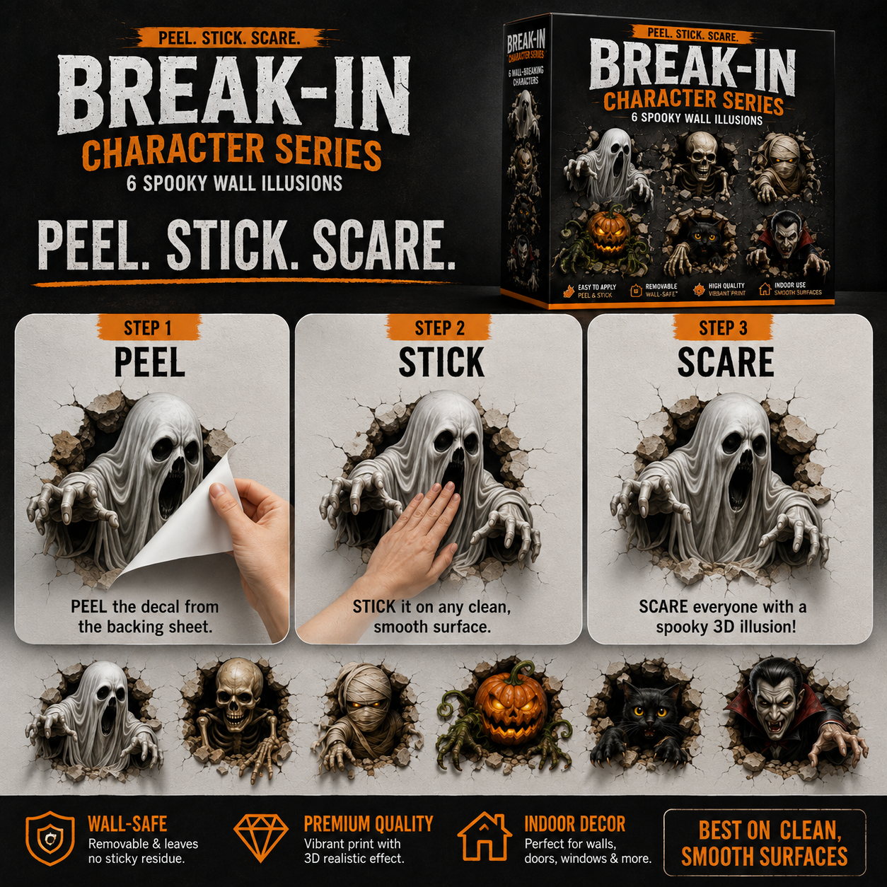 👻 6PCS Halloween Break-In 3D Wall Decal Set – Peel, Stick & Scare 🎃