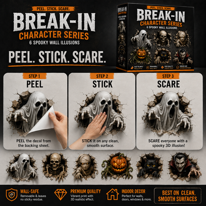👻 6PCS Halloween Break-In 3D Wall Decal Set – Peel, Stick & Scare 🎃