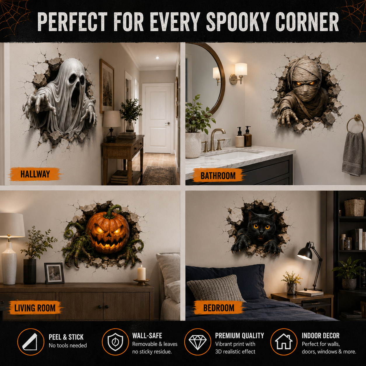 👻 6PCS Halloween Break-In 3D Wall Decal Set – Peel, Stick & Scare 🎃