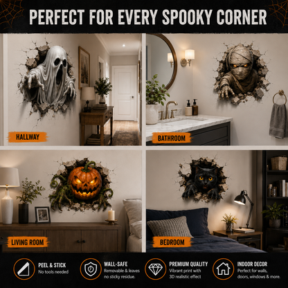 👻 6PCS Halloween Break-In 3D Wall Decal Set – Peel, Stick & Scare 🎃