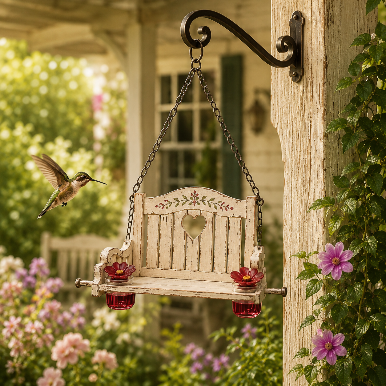 🪑🐦 Vintage Hummingbird Porch Swing Feeder – Rustic Hanging Garden Nectar Station