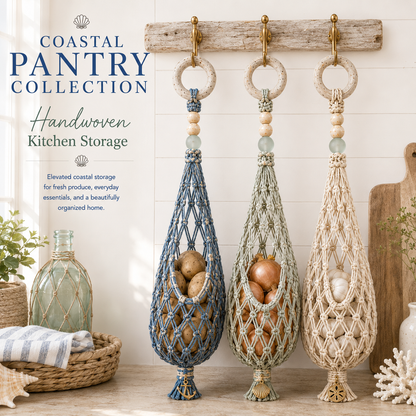 🌊🥔 Coastal Hanging Produce Storage – Handwoven Breathable Organizer with Easy Side Access