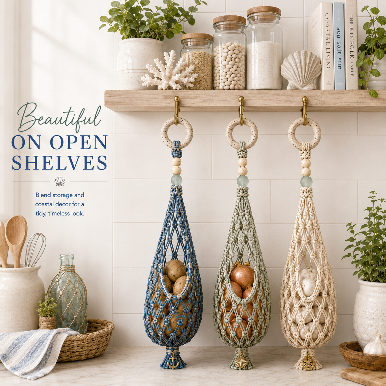 🌊🥔 Coastal Hanging Produce Storage – Handwoven Breathable Organizer with Easy Side Access