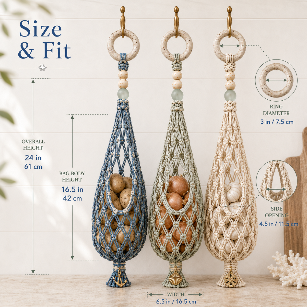 🌊🥔 Coastal Hanging Produce Storage – Handwoven Breathable Organizer with Easy Side Access
