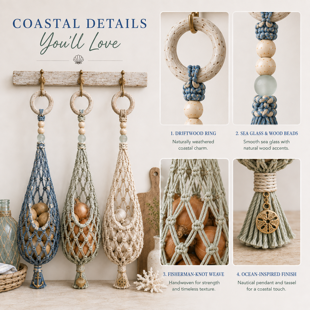 🌊🥔 Coastal Hanging Produce Storage – Handwoven Breathable Organizer with Easy Side Access