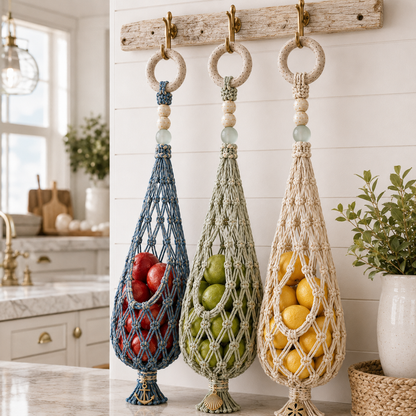 🌊🥔 Coastal Hanging Produce Storage – Handwoven Breathable Organizer with Easy Side Access