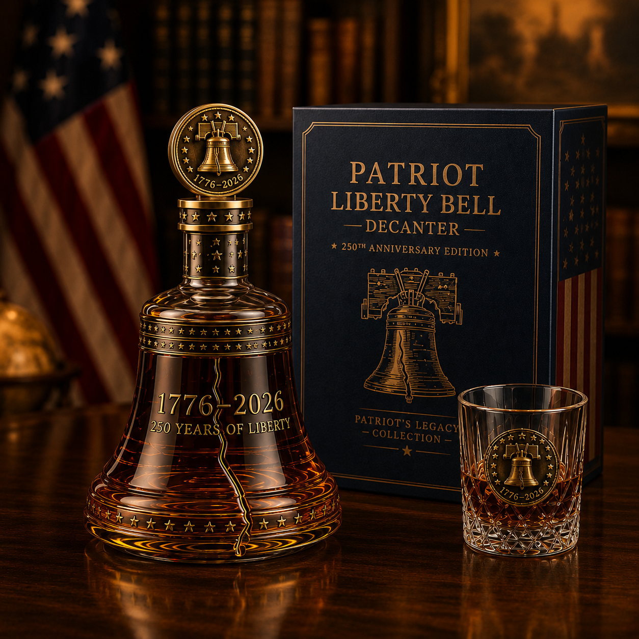 1776–2026 Patriot Liberty Bell Whiskey Decanter Set – 250th Anniversary Collector’s Gift with Matching Glass