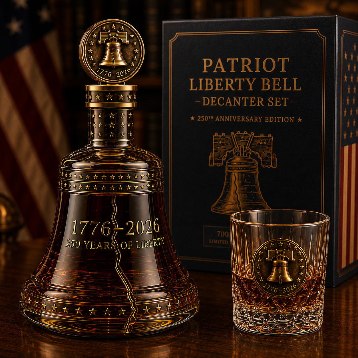 1776–2026 Patriot Liberty Bell Whiskey Decanter Set – 250th Anniversary Collector’s Gift with Matching Glass