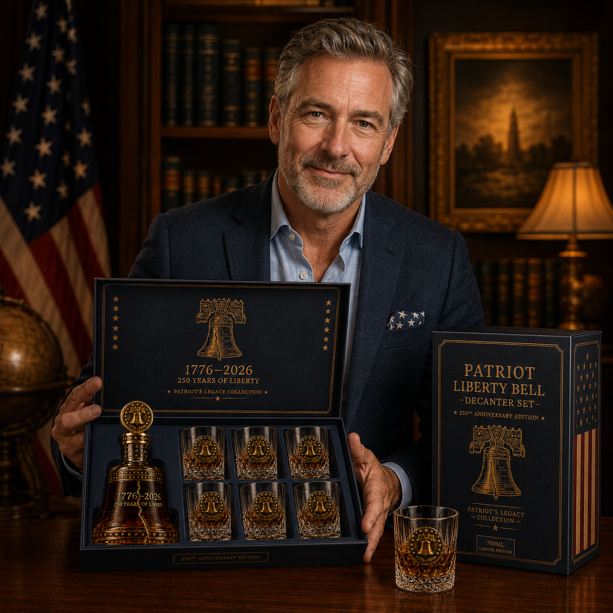1776–2026 Patriot Liberty Bell Whiskey Decanter Set – 250th Anniversary Collector’s Gift with Matching Glass