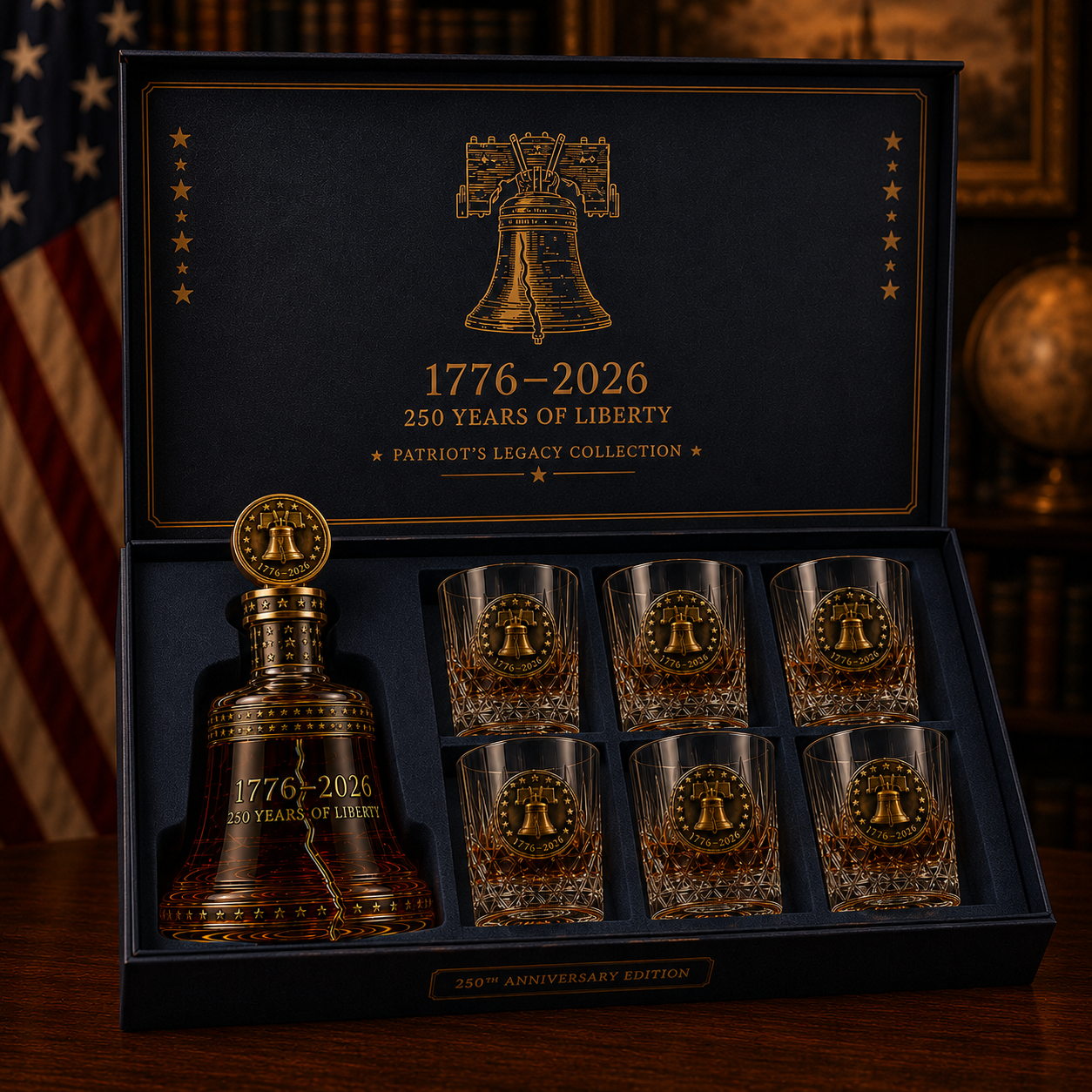 1776–2026 Patriot Liberty Bell Whiskey Decanter Set – 250th Anniversary Collector’s Gift with Matching Glass