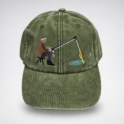 🎣 Catch of the Day Interactive Fishing Cap –🎁 Vintage Washed Moving Fish Hat