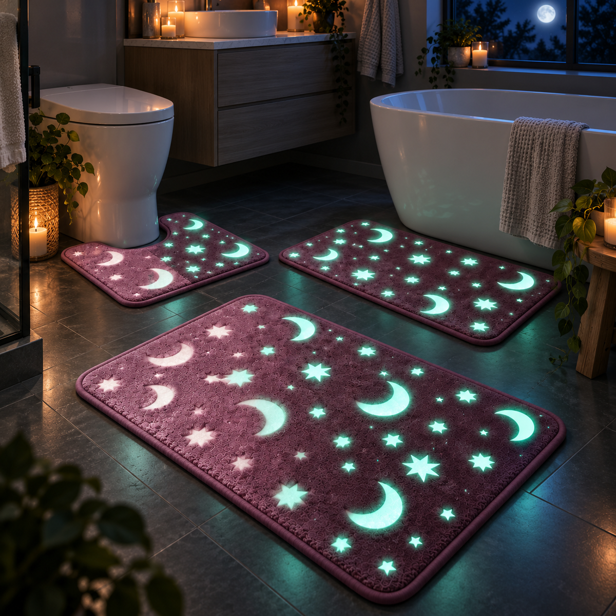 🎃🌙 Haunted Moonlight Glow Bath Mat Set – 3-Piece Halloween Celestial Floor Decor