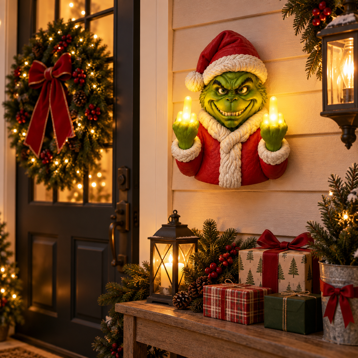 Battery powered holiday wall light beside entryway