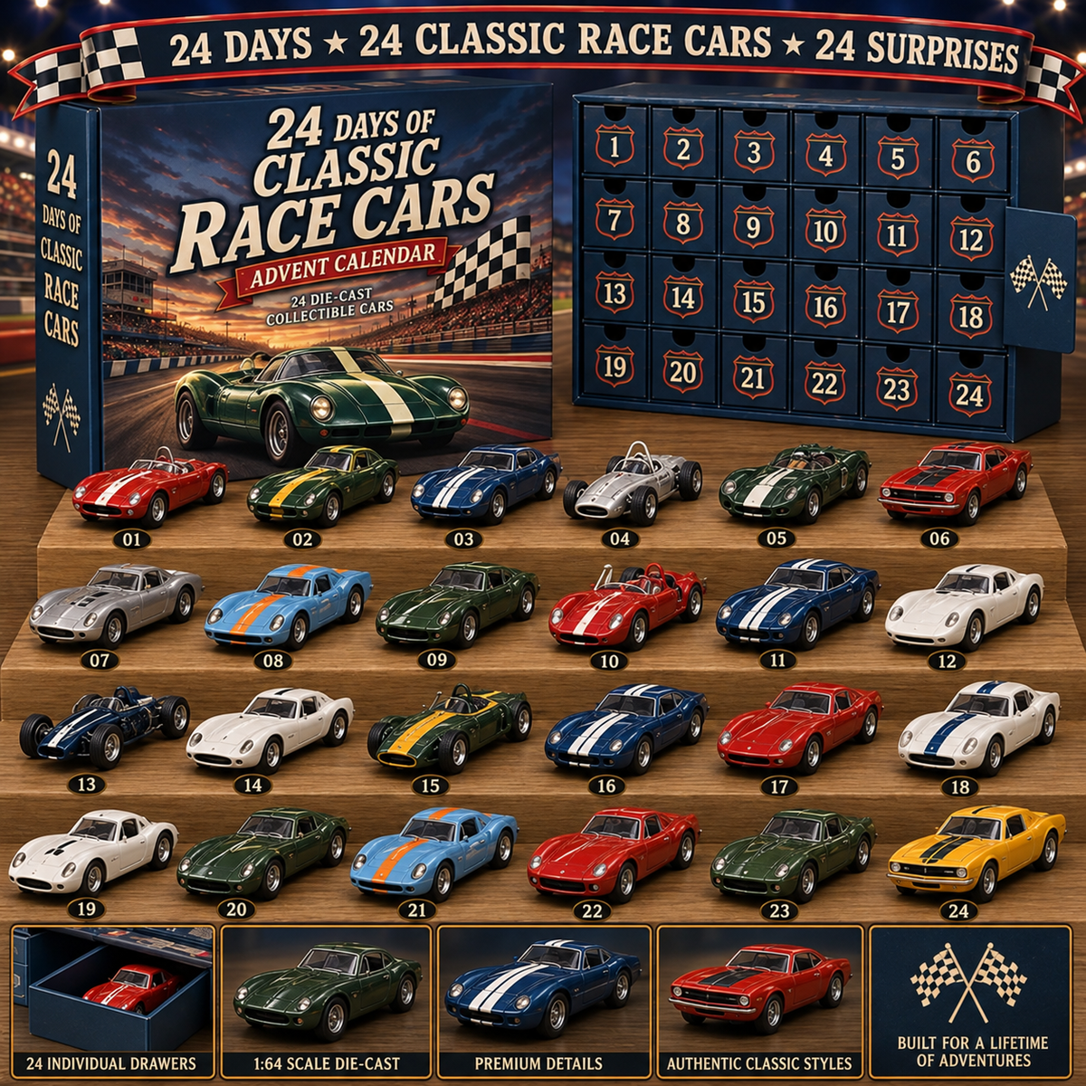 24 Days of American Car Legends Advent Calendar – 24 Die-Cast Collectibles
