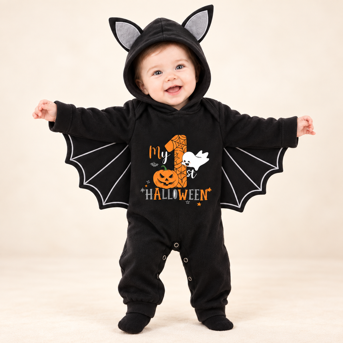 Baby My First Halloween Black Bat Costume Romper with Wing Details
