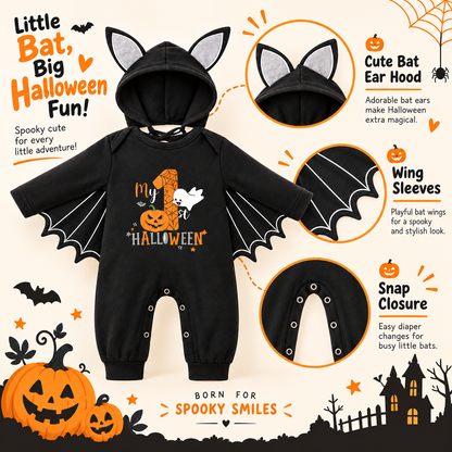 Baby My First Halloween Black Bat Costume Romper with Wing Details