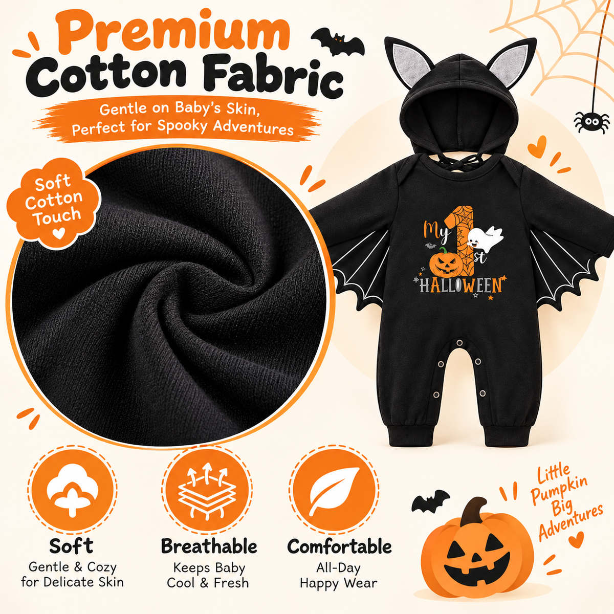 Baby My First Halloween Black Bat Costume Romper with Wing Details
