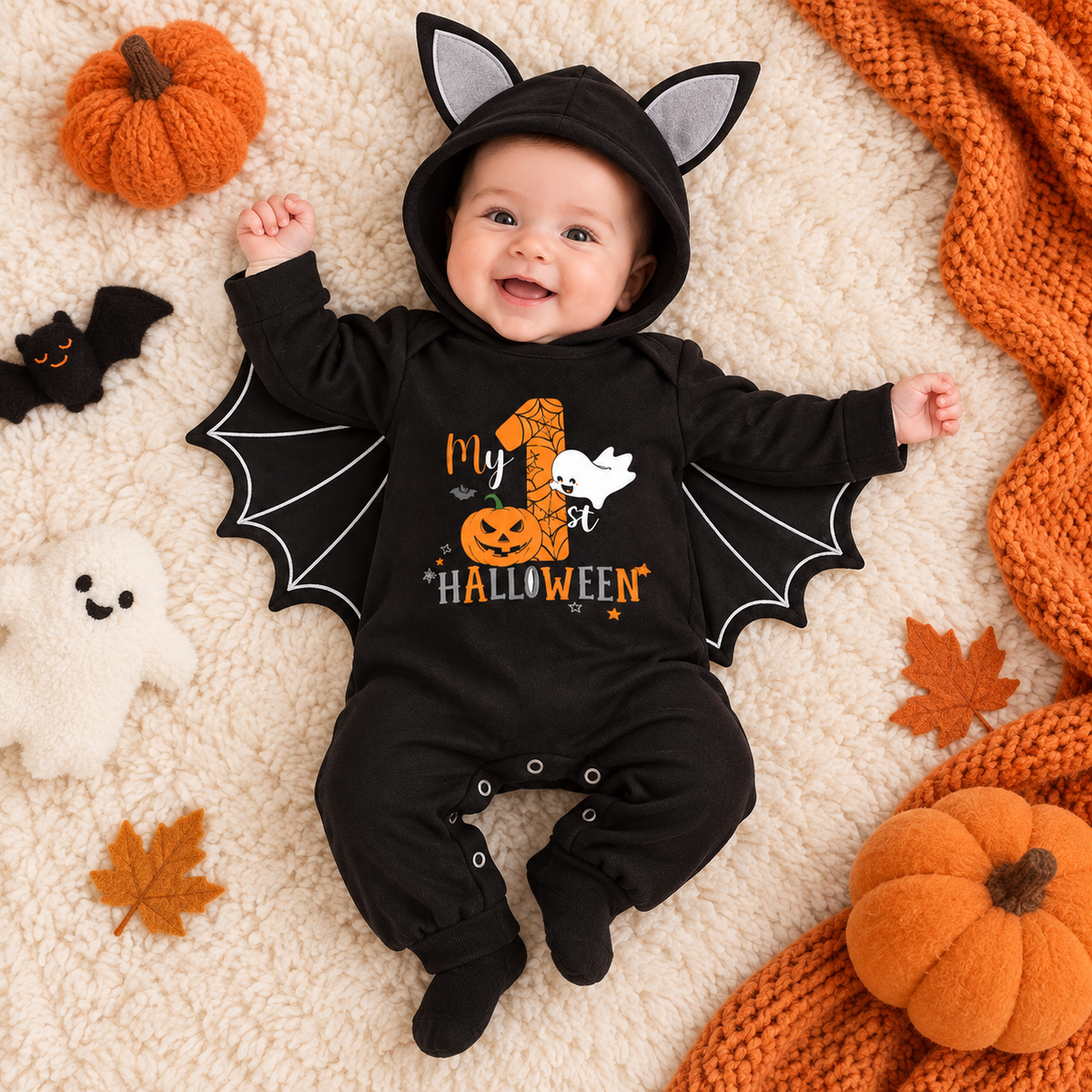 Baby My First Halloween Black Bat Costume Romper with Wing Details