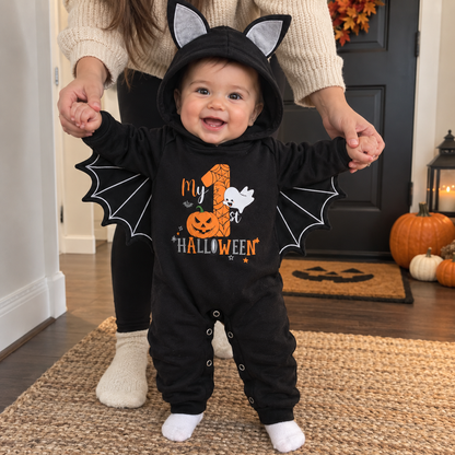 Baby My First Halloween Black Bat Costume Romper with Wing Details