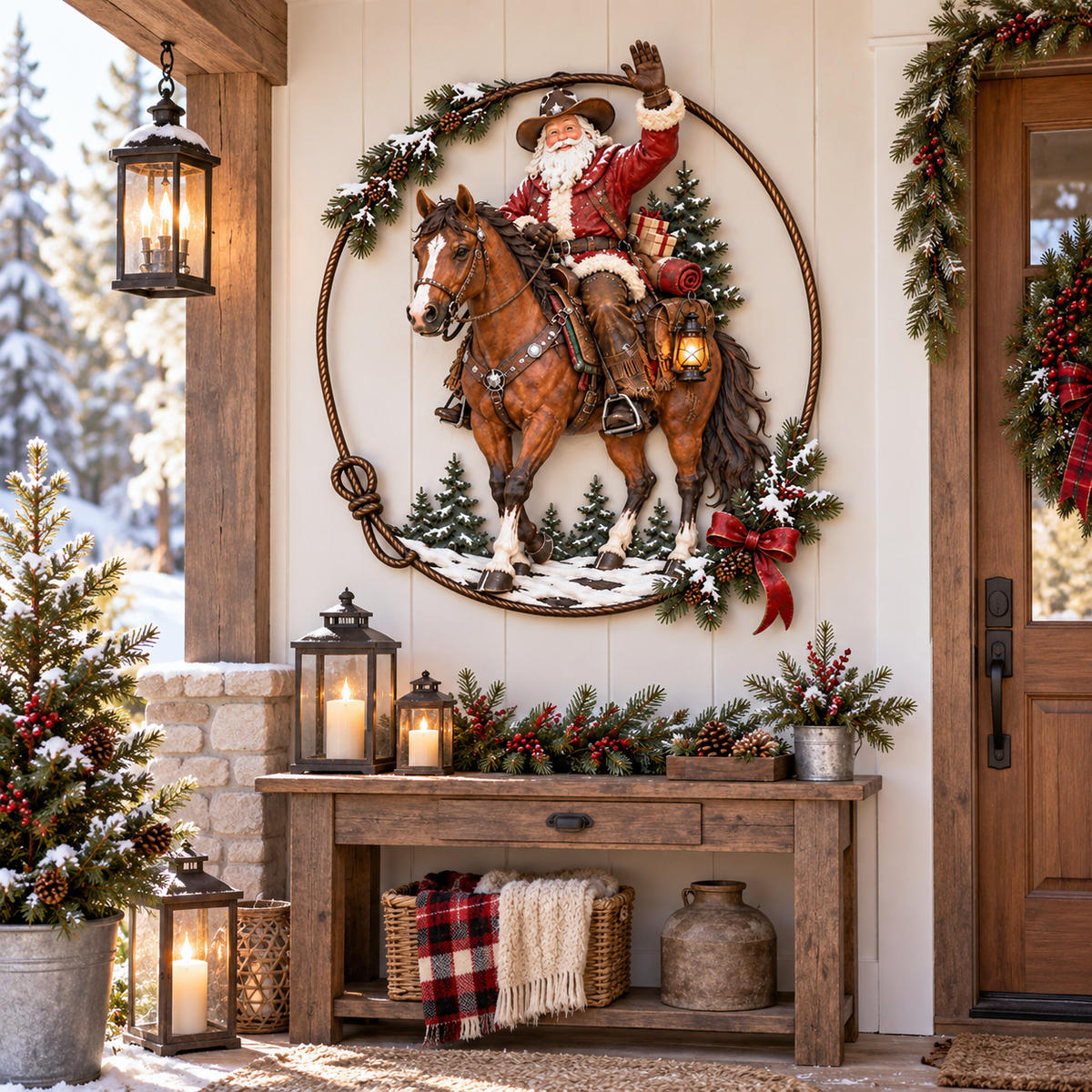 🤠🐎 Cowboy Santa Ranch Christmas Wall Art – Rustic Horse & Lasso Holiday Accent🎁