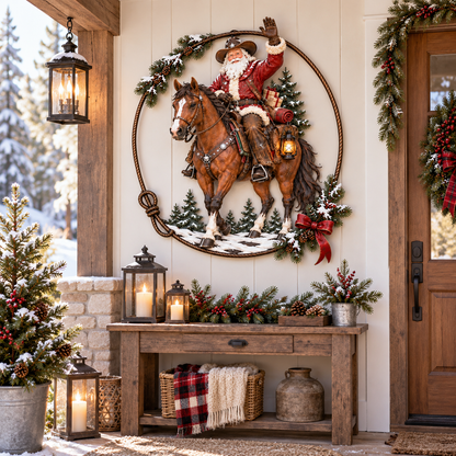🤠🐎 Cowboy Santa Ranch Christmas Wall Art – Rustic Horse & Lasso Holiday Accent🎁