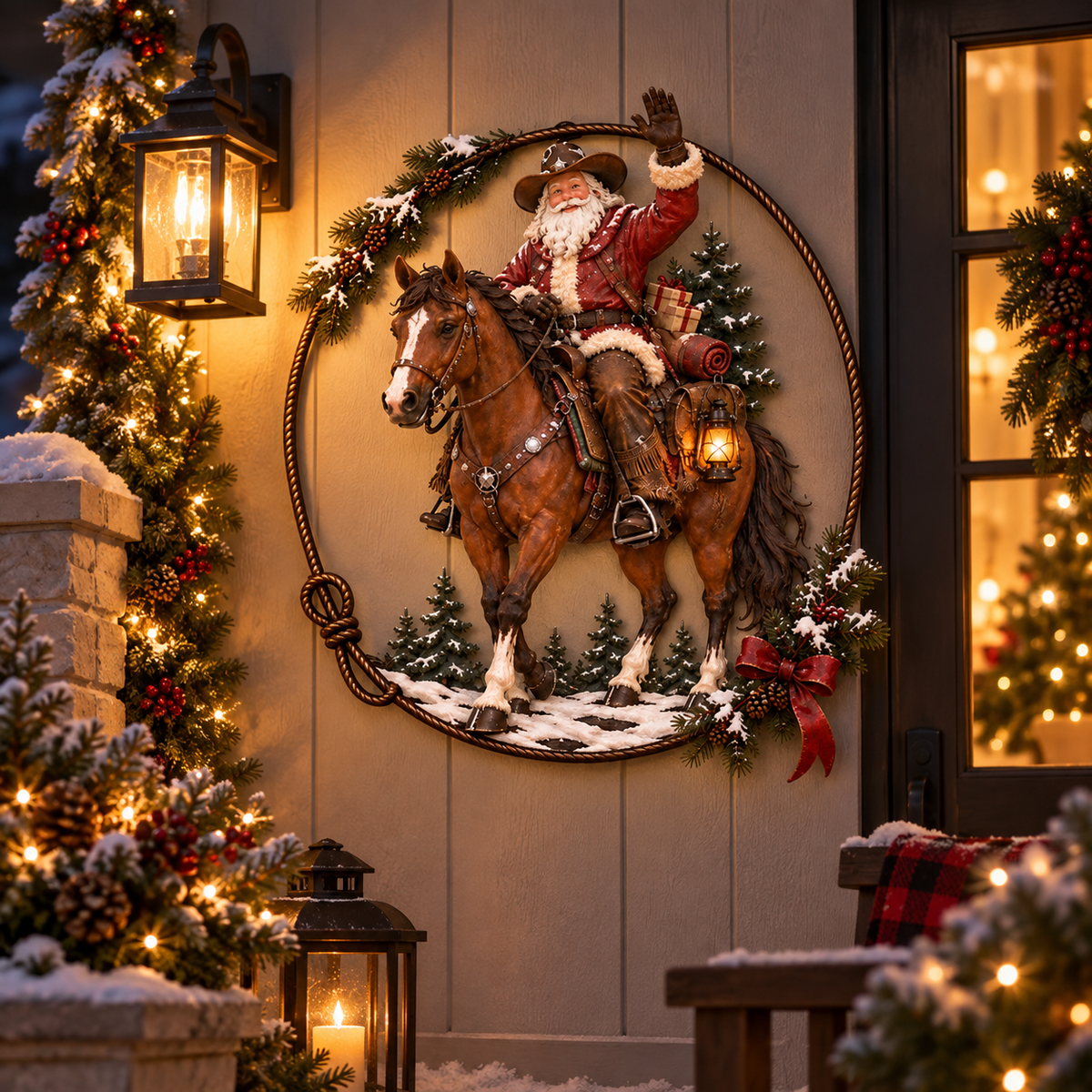 🤠🐎 Cowboy Santa Ranch Christmas Wall Art – Rustic Horse & Lasso Holiday Accent🎁