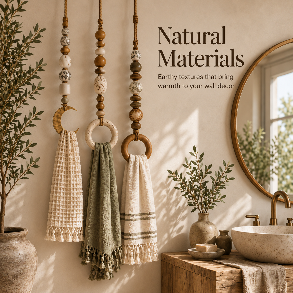 Boho towel hangers complementing multiple home decor styles