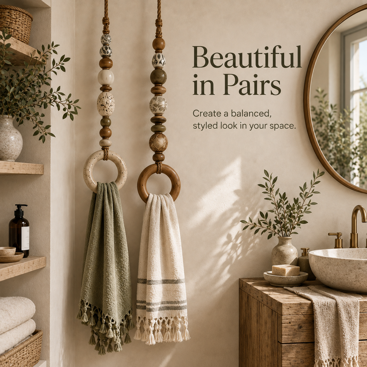 Organic rustic boho beaded towel hangers styled in a warm bathroom