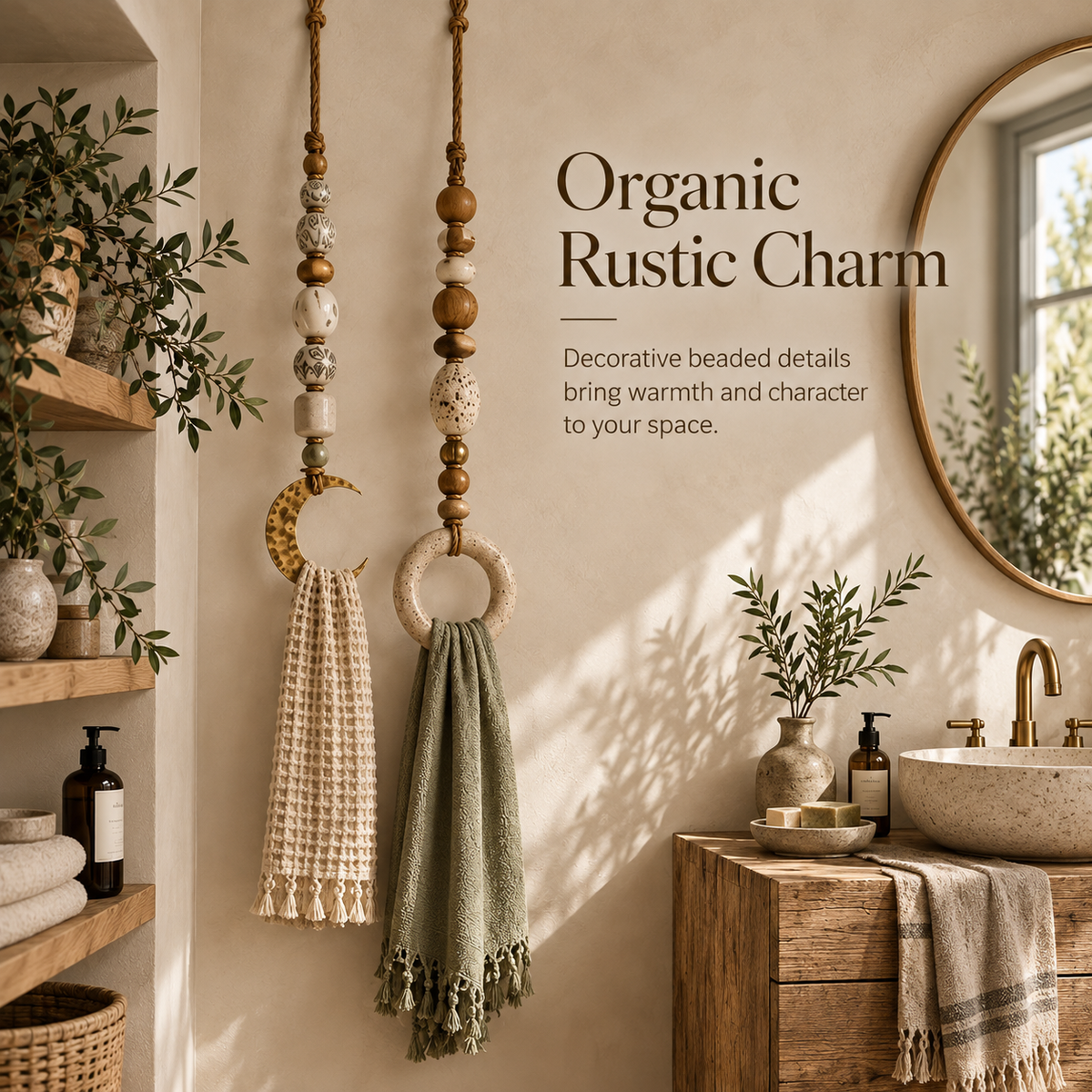 Two boho beaded towel hangers styled together