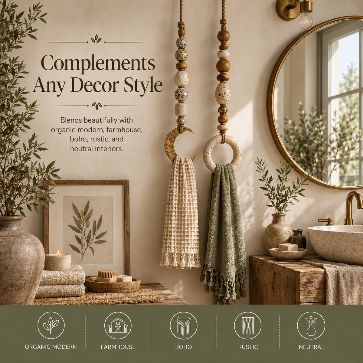 Decorative boho towel hangers styled in kitchen