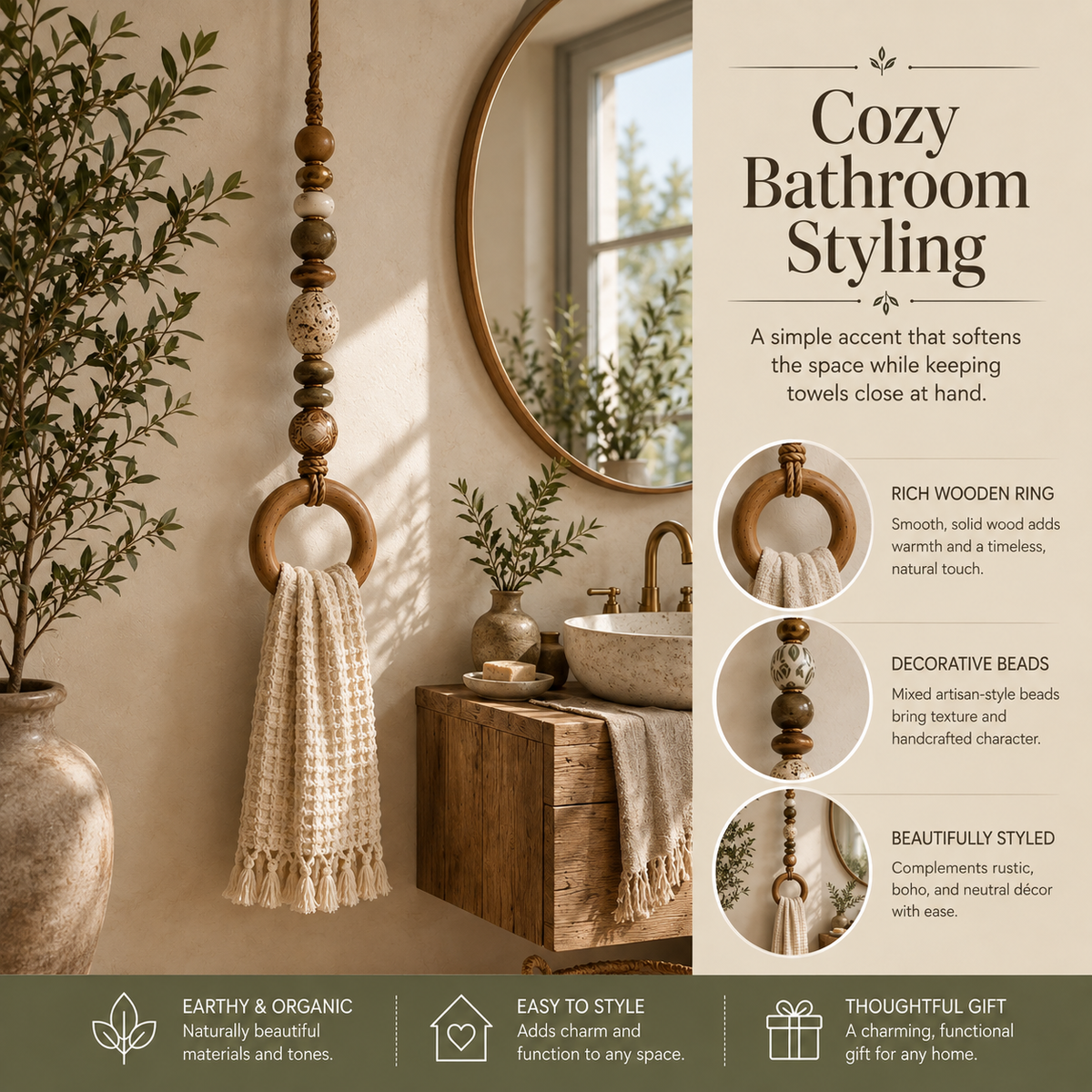 Decorative towel hanger used as warm accent in a small entryway