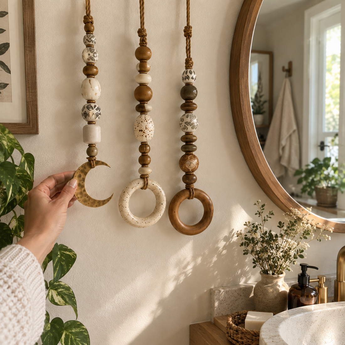 Three decorative boho towel hangers shown during home unboxing
