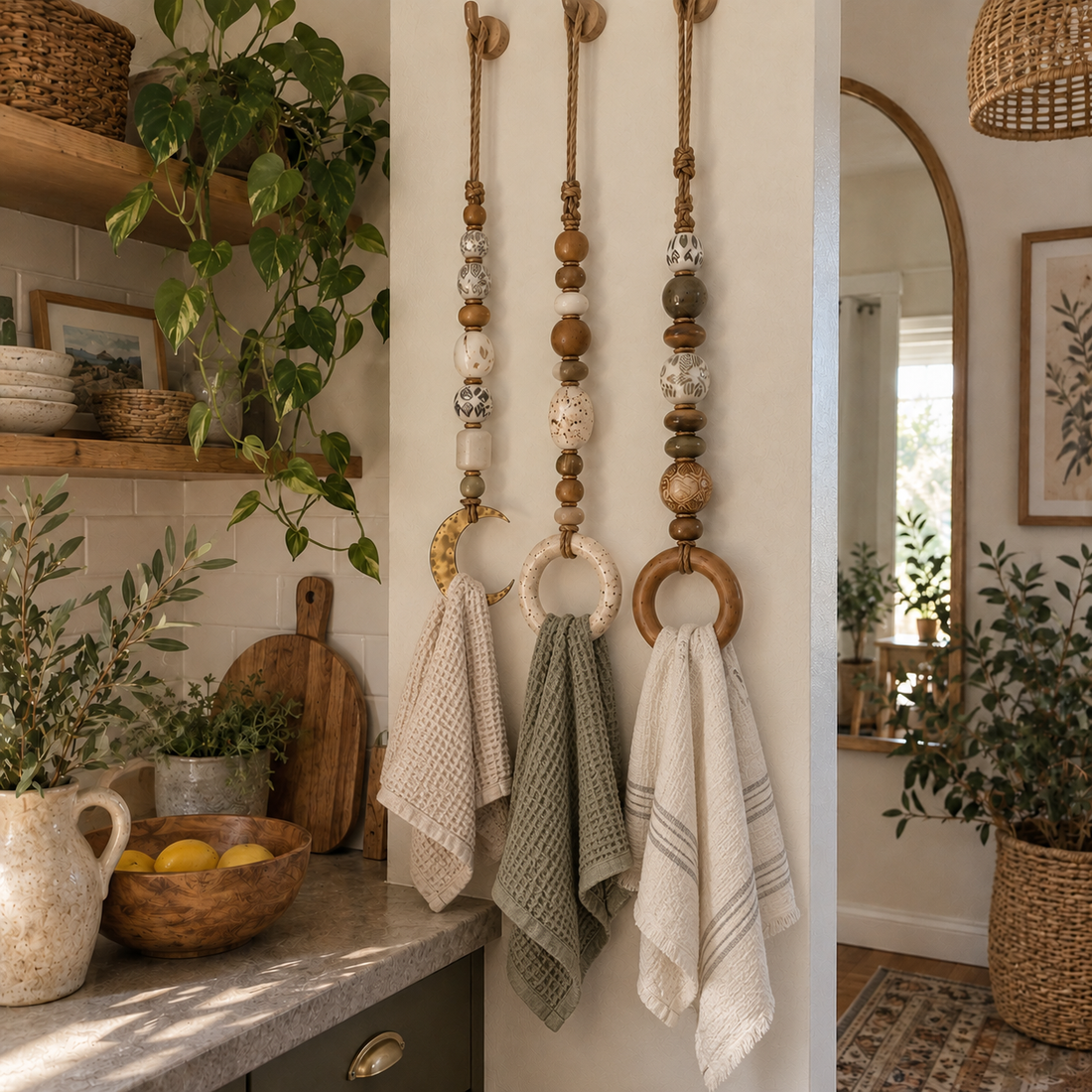 Three decorative beaded towel hangers displayed in a real home kitchen