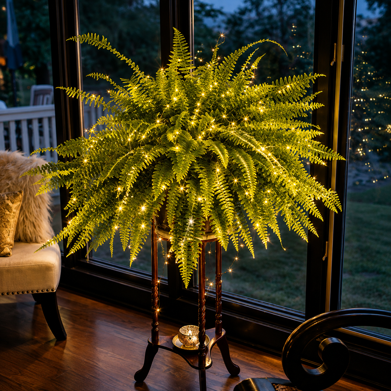Illuminated Boston fern beside window